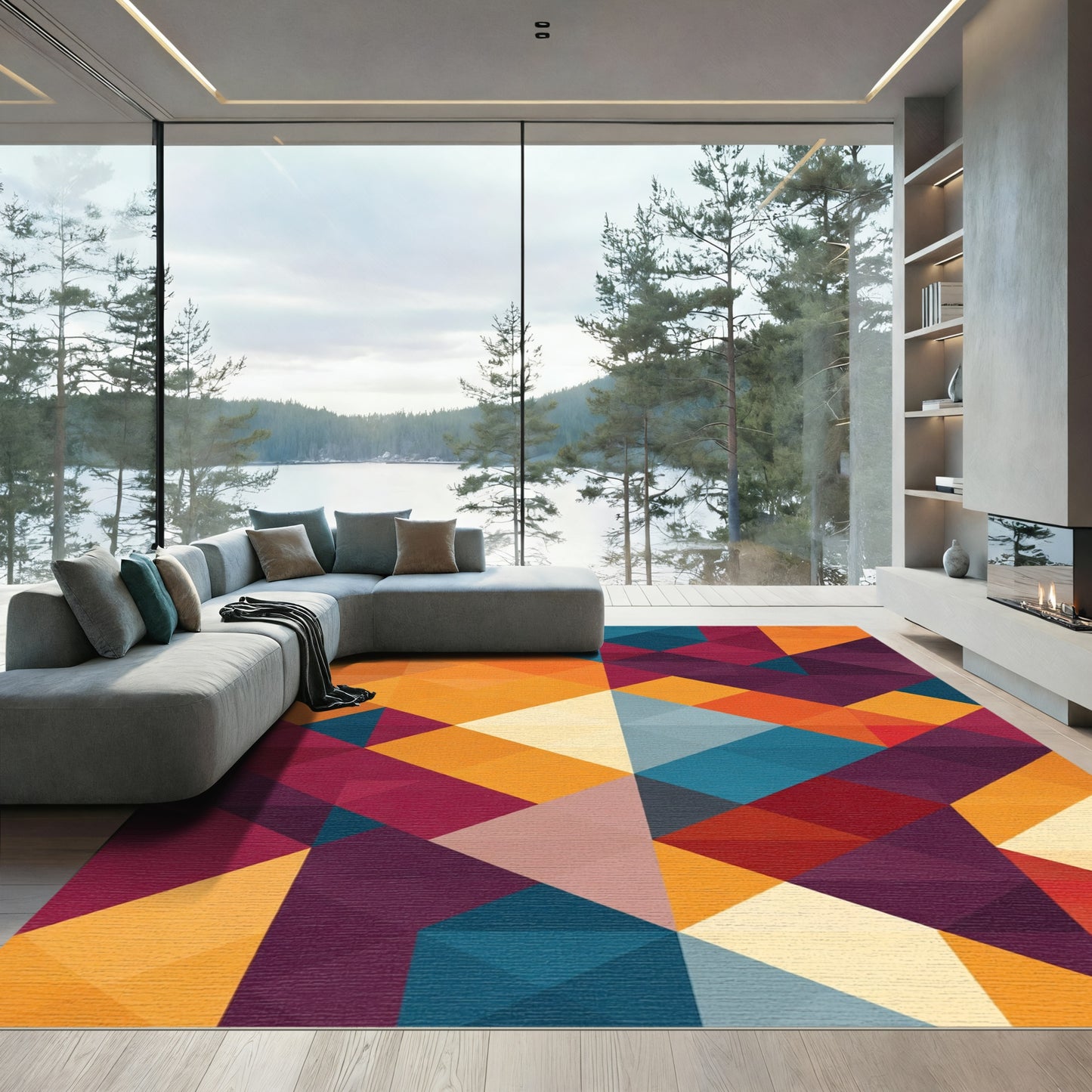Abstract Geometric Teal Burgundy Orange Accents Rug