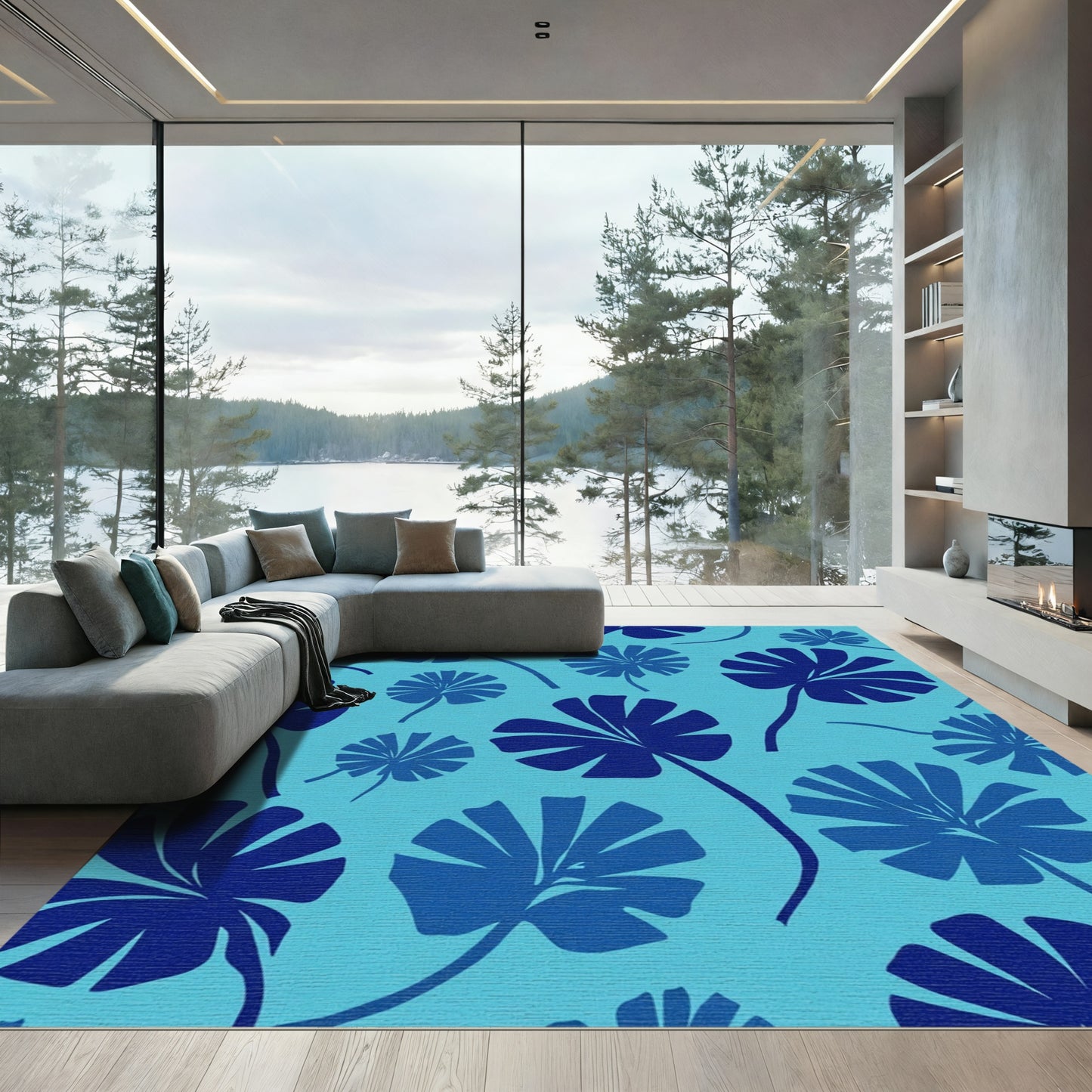 Deep Blue Palm Frond Meadow Rug