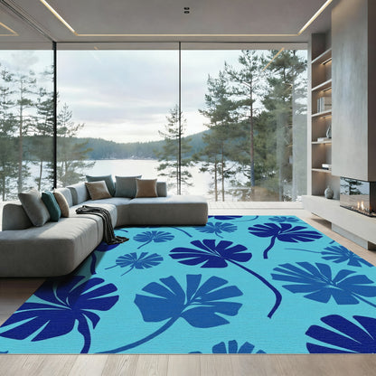 Deep Blue Palm Frond Meadow Rug