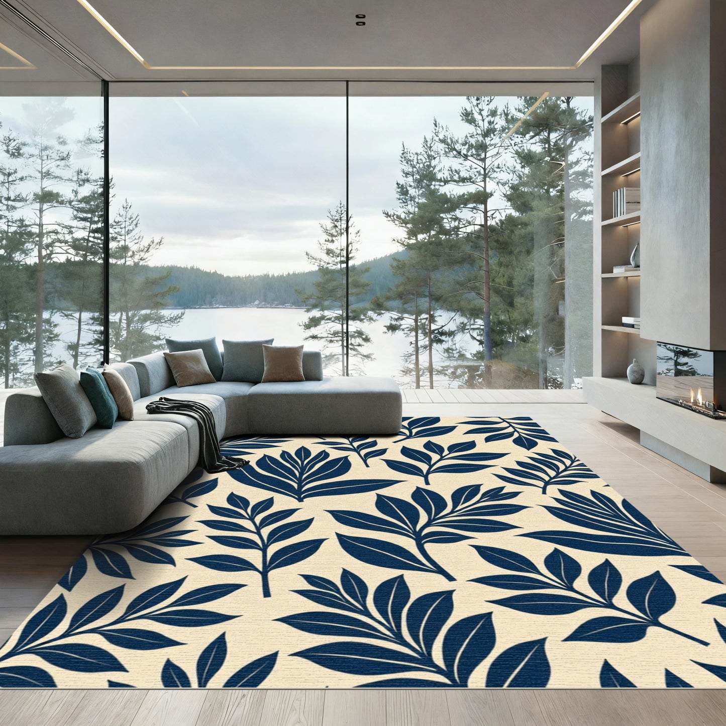 Navy Blue Botanical Branch Accent Rug