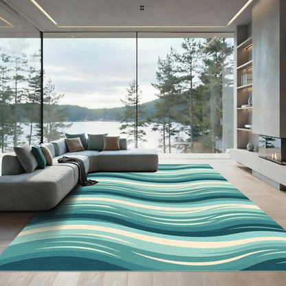 Teal Coastal Wave Striped Rug