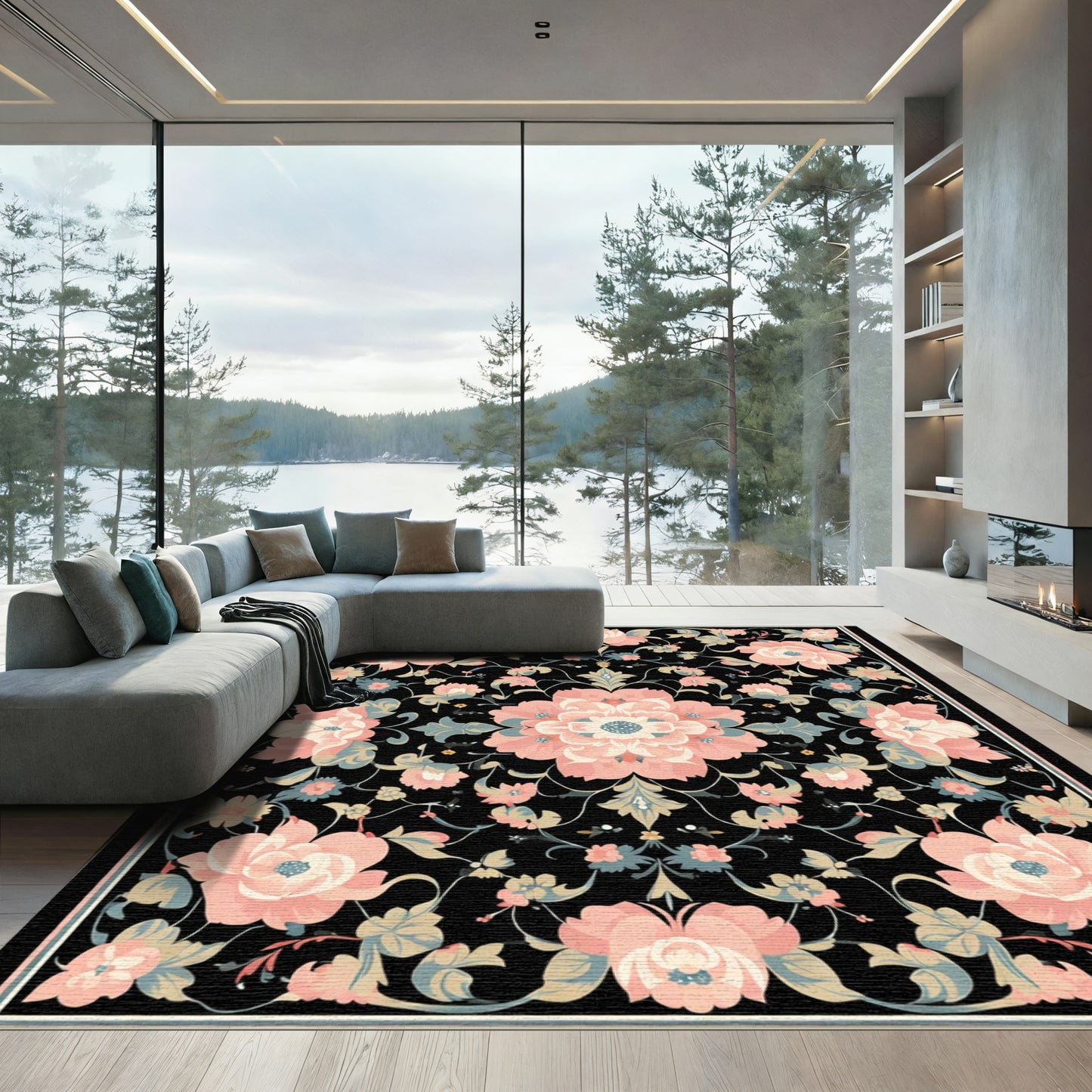 Soft Pink Floral Garden Black Rug