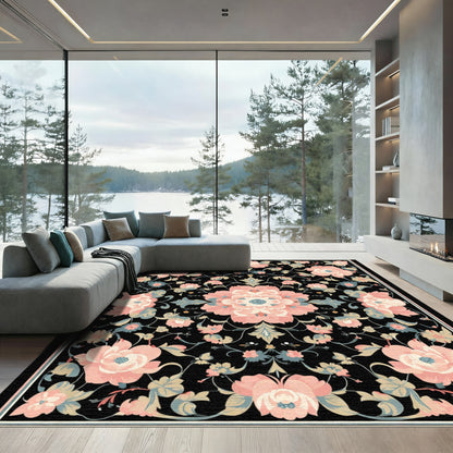Soft Pink Floral Garden Black Rug