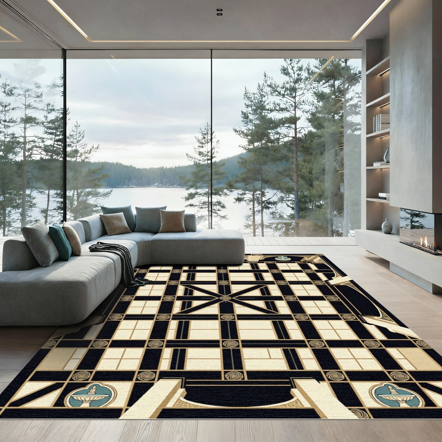 Black and Cream Geometric Grid Lattice Rug