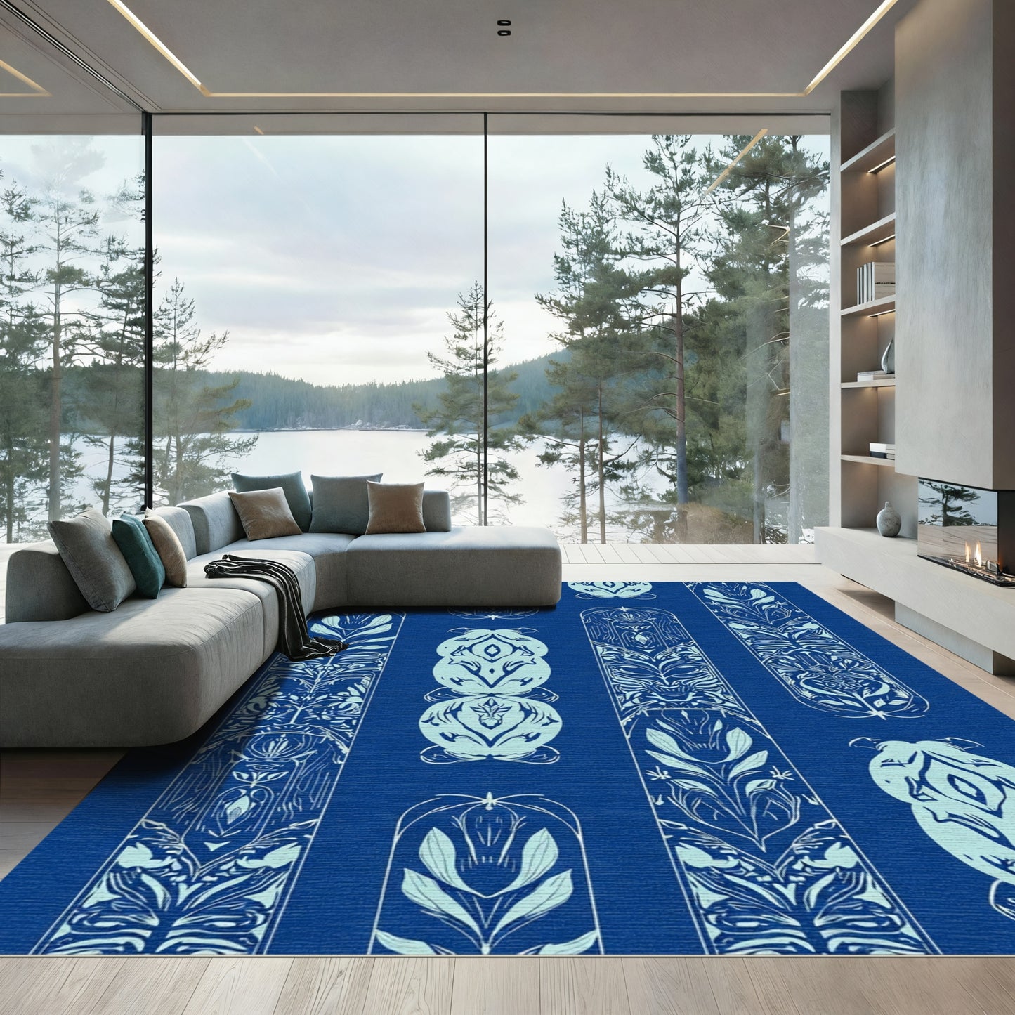 Art Nouveau Blue Floral Column Rug