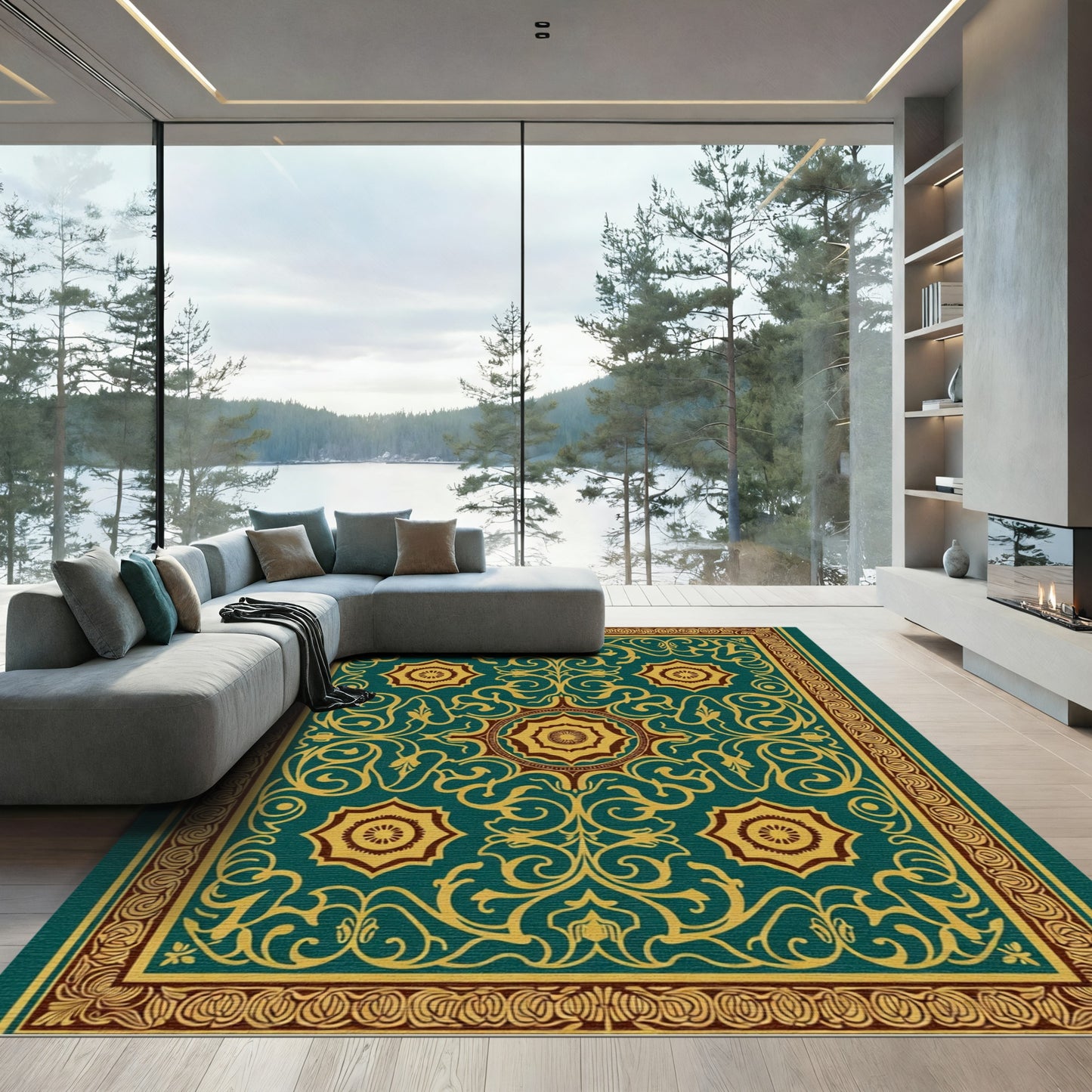 Deep Teal Gold Floral Medallion Rug