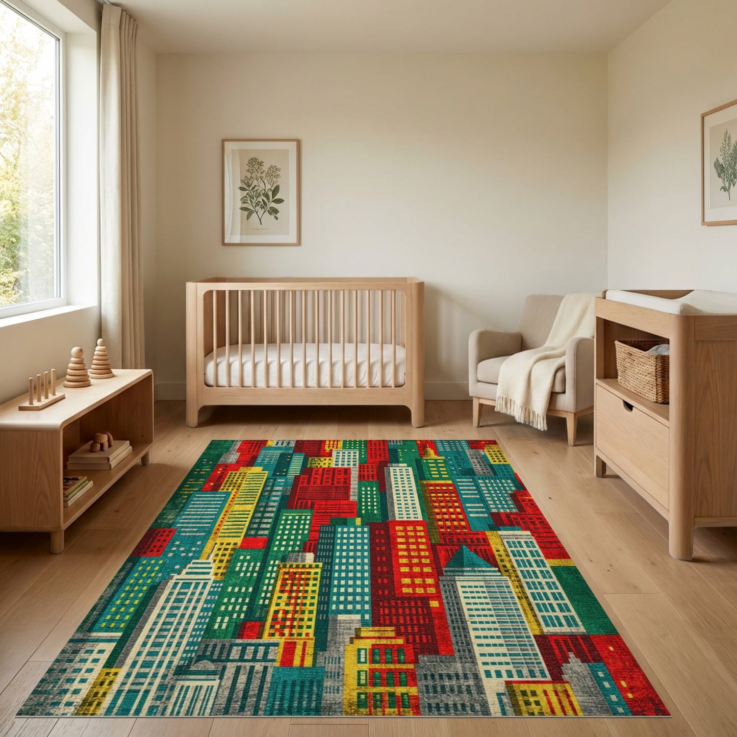 Vibrant Red Teal City Skyline Rug