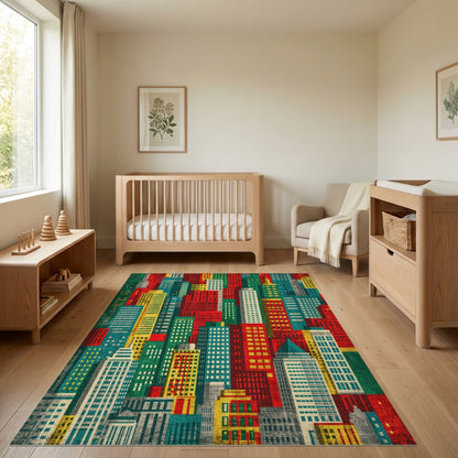 Vibrant Red Teal City Skyline Rug