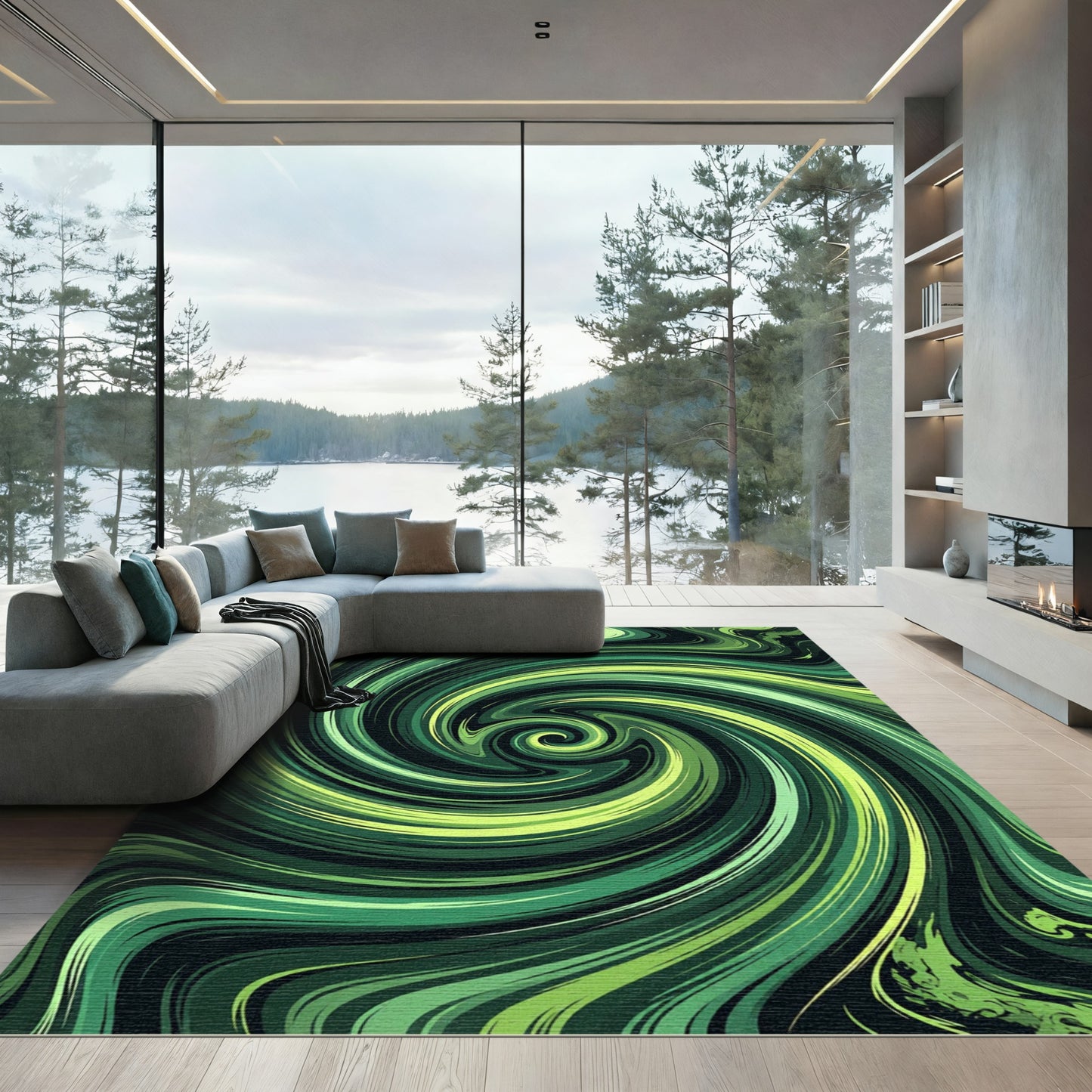 Vibrant Emerald Swirling Abstract Vortex Rug