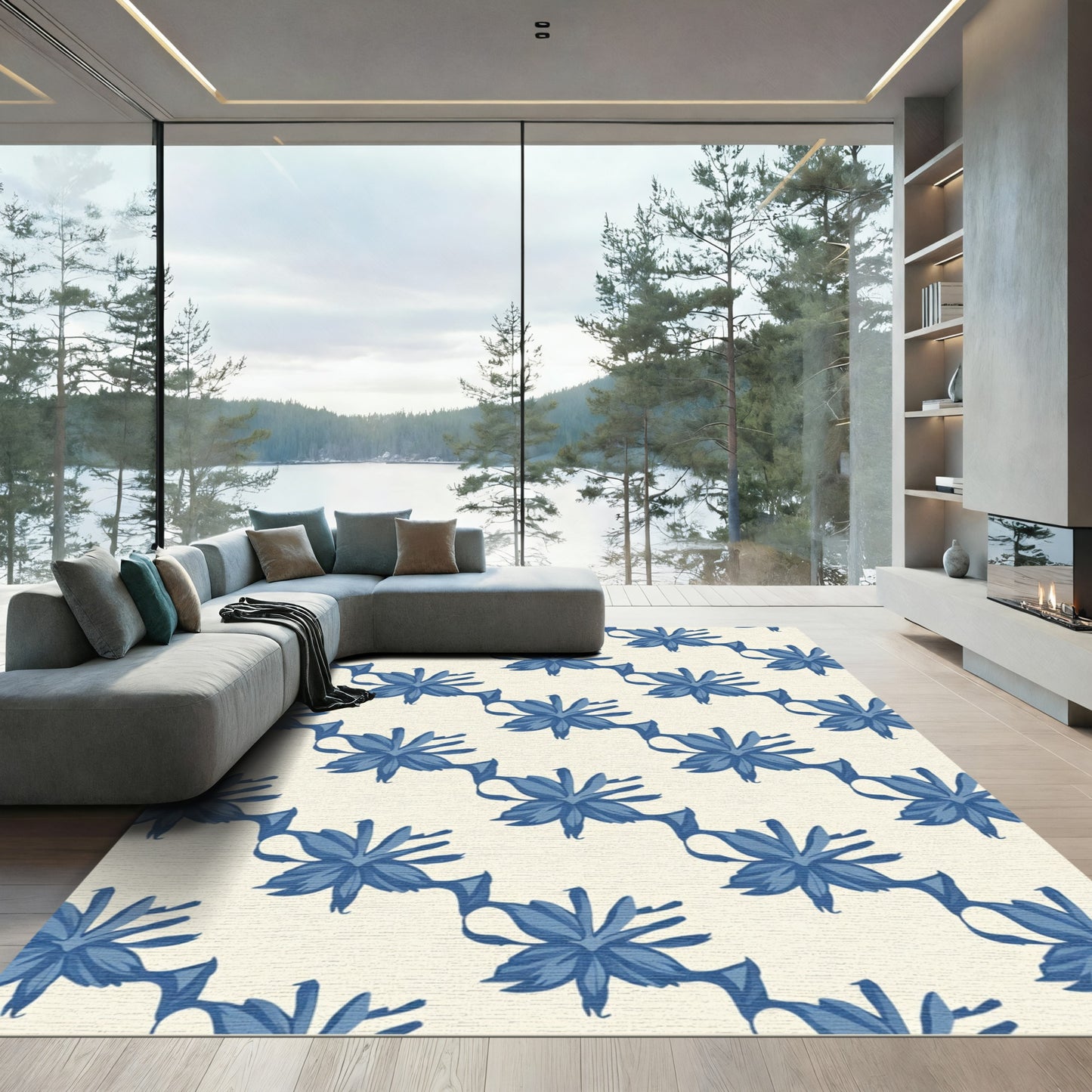 Navy Blue Floral Ribbon Arrangement Rug