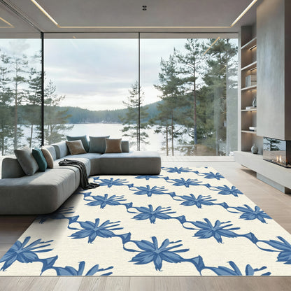 Navy Blue Floral Ribbon Arrangement Rug