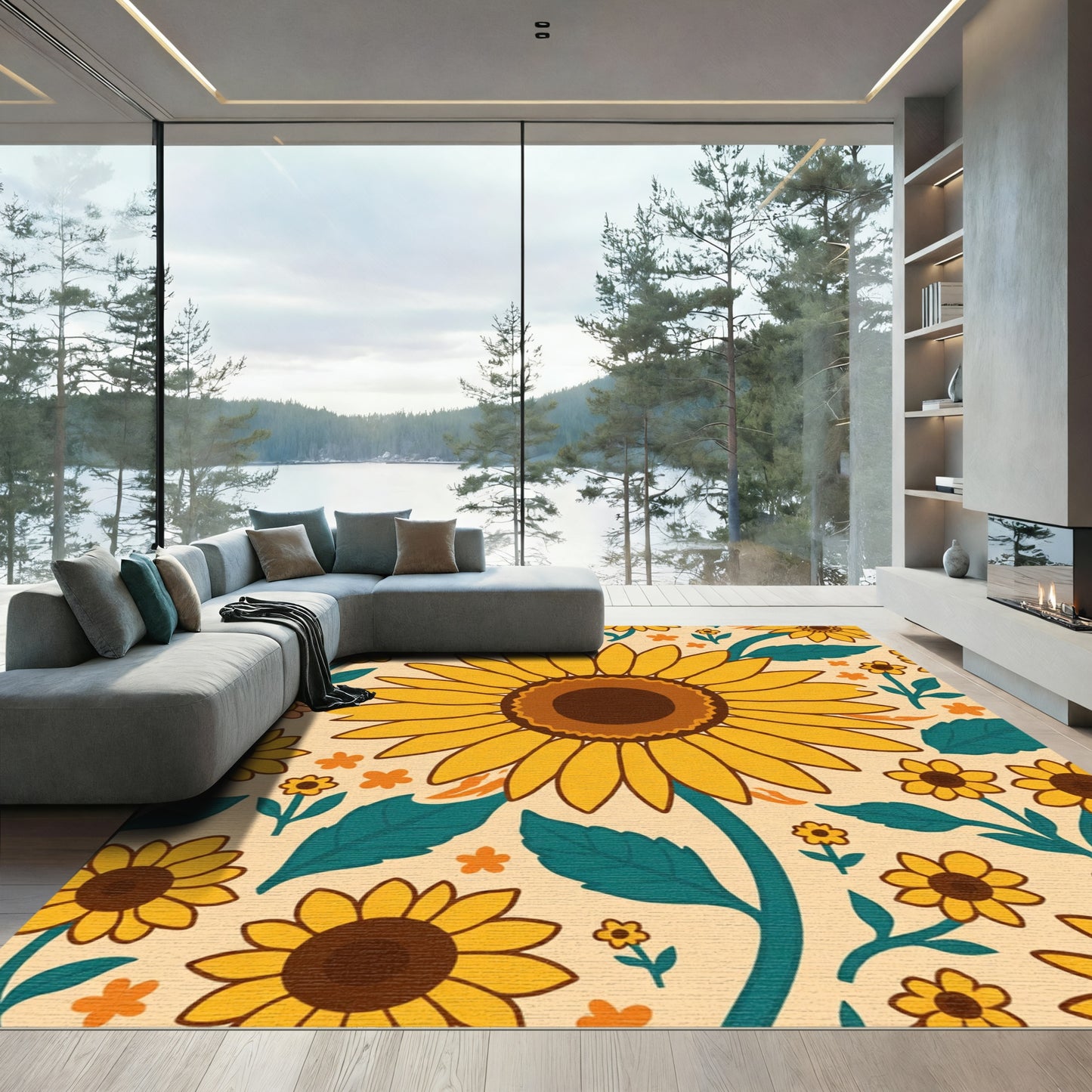 Golden Yellow Sunflower Field Rug