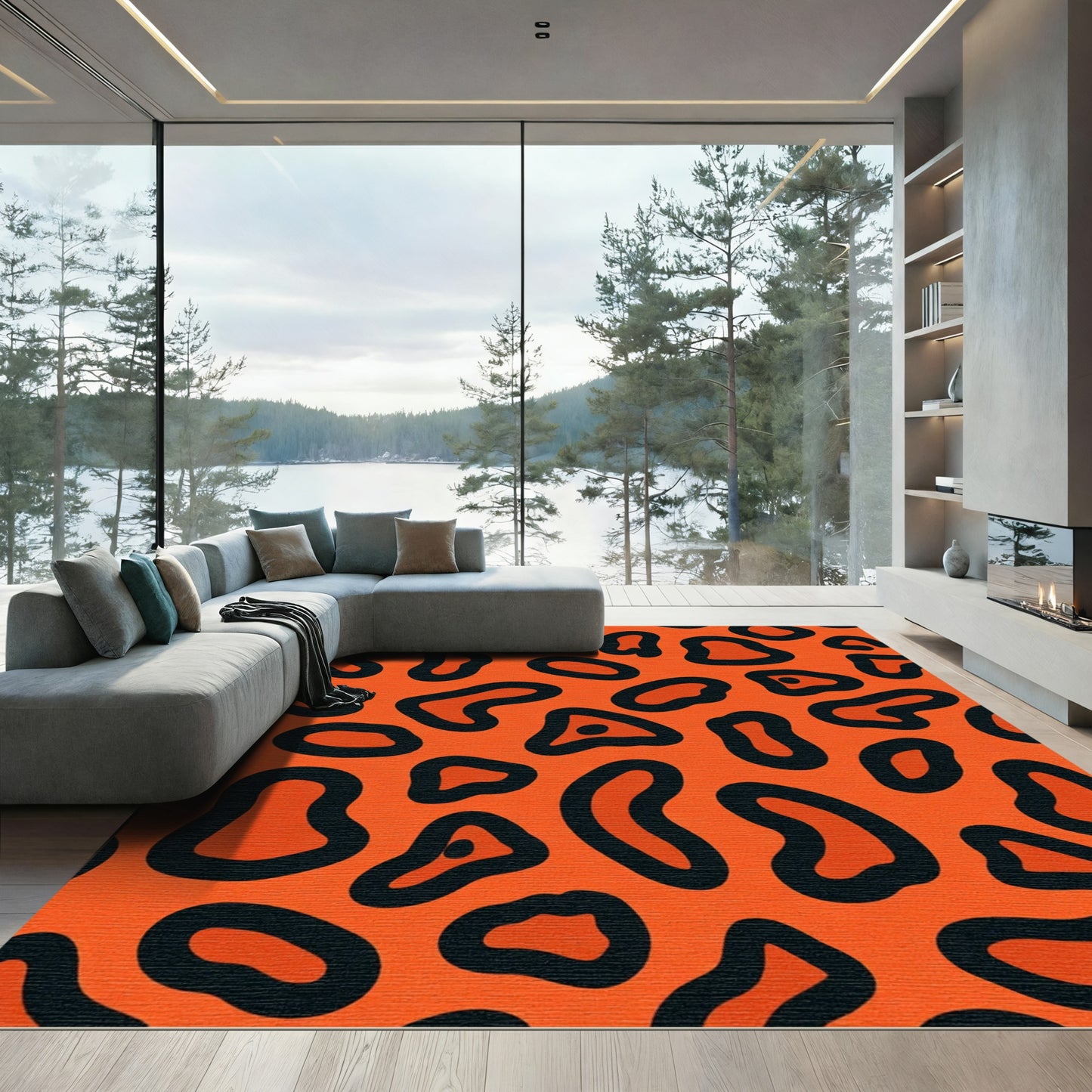 Vibrant Orange Black Organic Shapes Rug