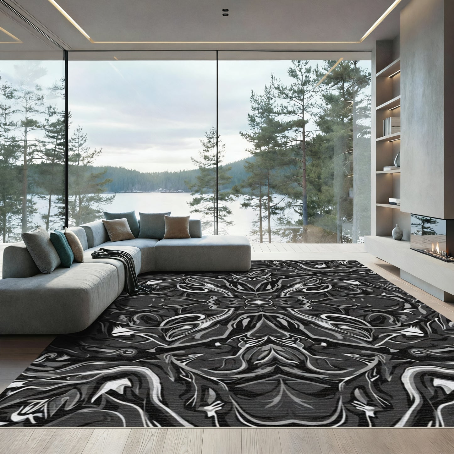 Monochromatic Swirl Floral Mandala Rug