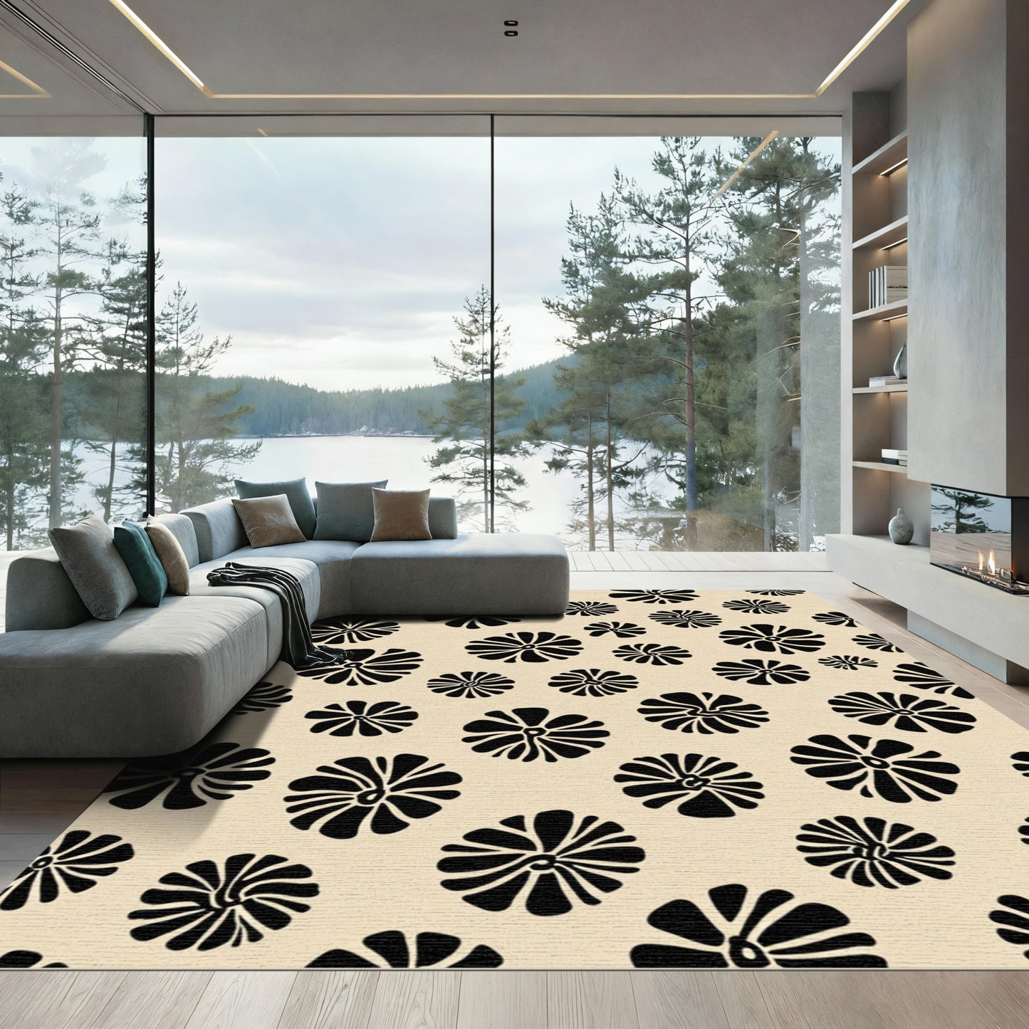 Black Floral Field Cream Accents Rug