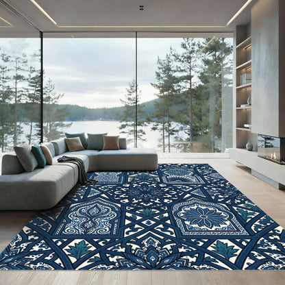Indigo Blue Architectural Geometric Bloom Rug