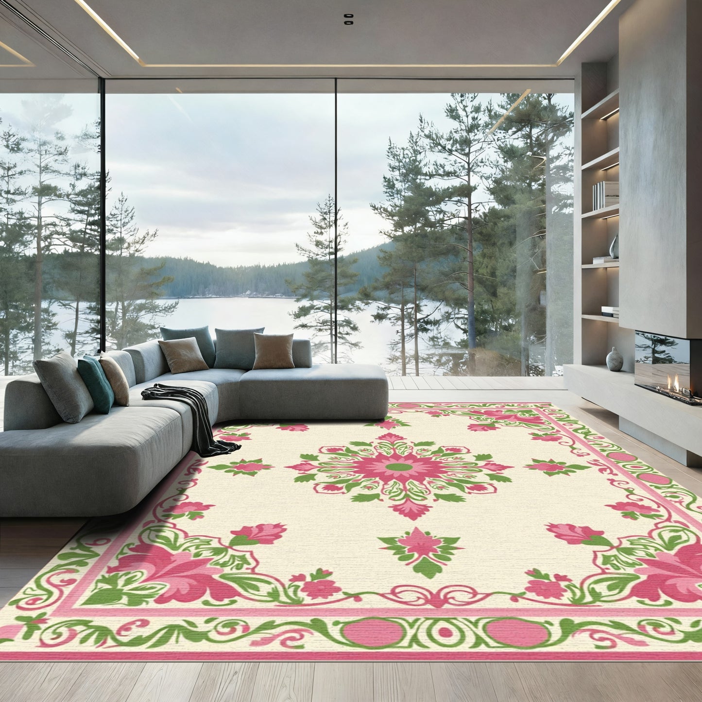 Pink and Green Floral Medallion Border Rug
