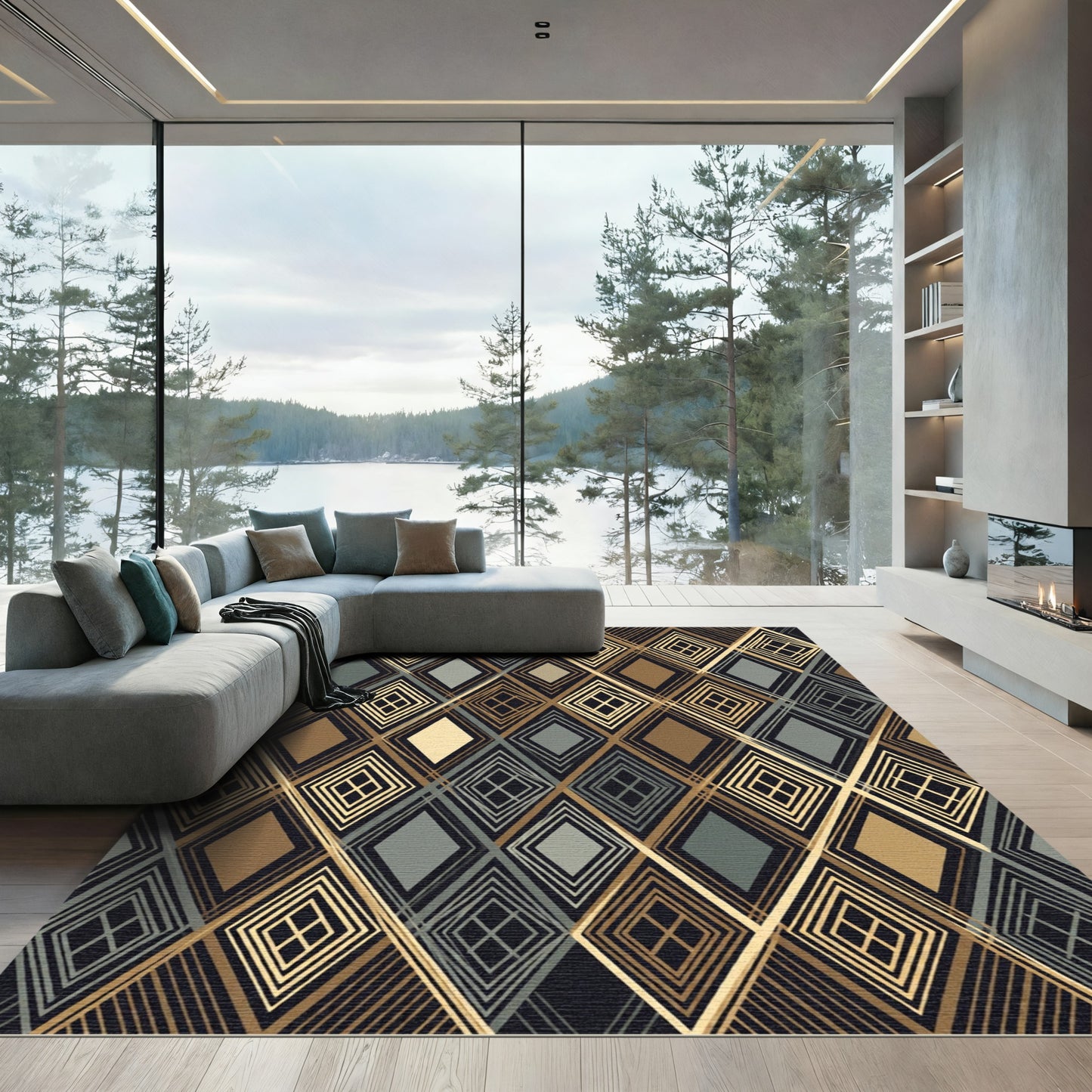 Sophisticated Gold and Slate Geometric Diamond Rug