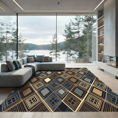 Sophisticated Gold and Slate Geometric Diamond Rug