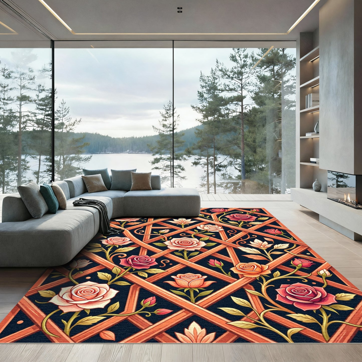 Orange Lattice Rose Garden Vine Rug