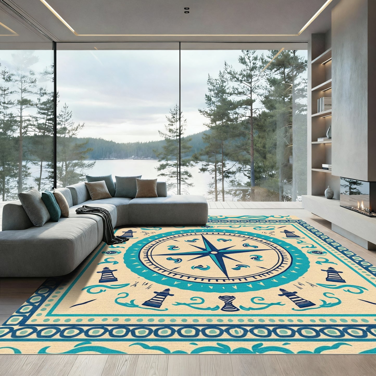 Nautical Compass Lighthouse Border Rug