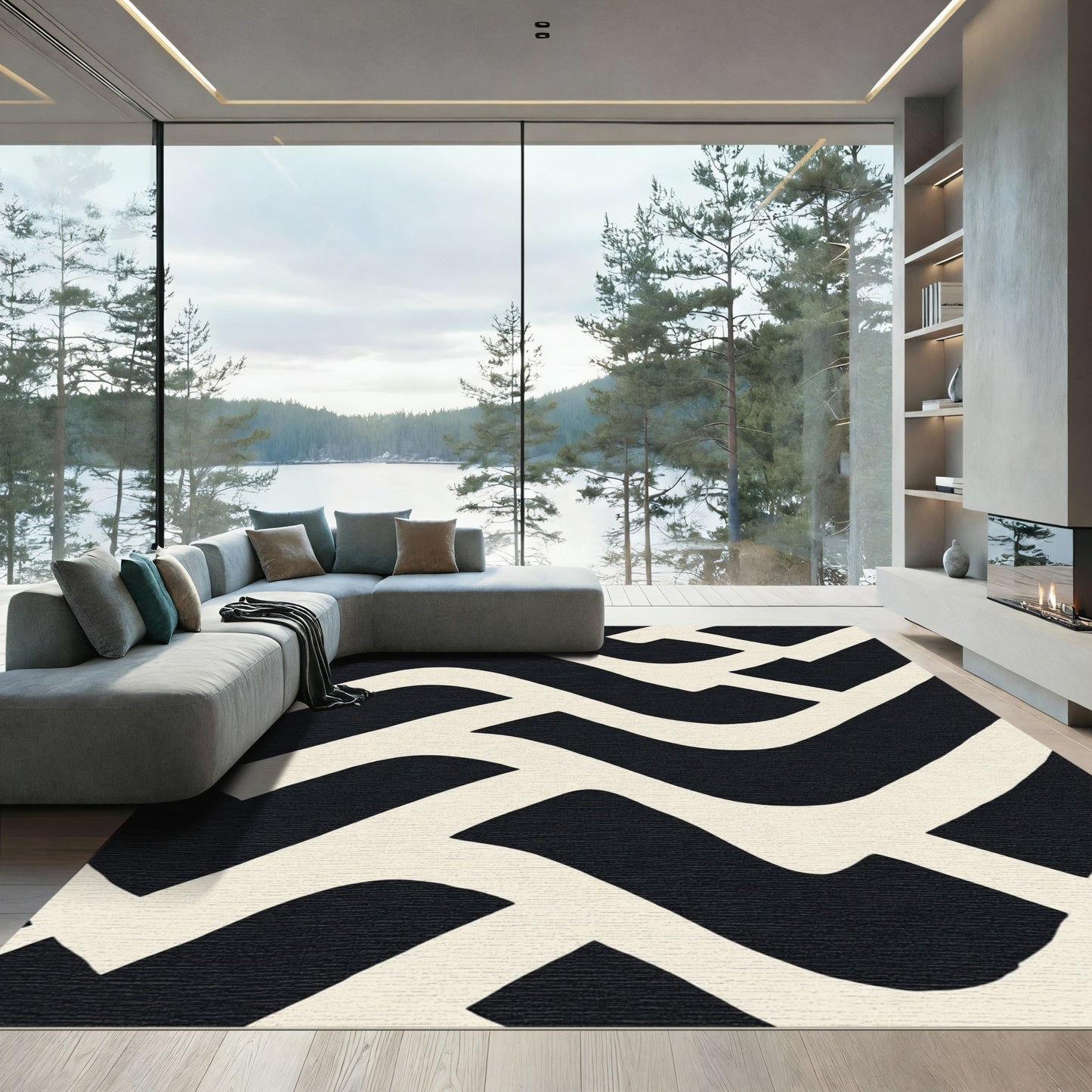 Graphic Black White Interlocking Curves Rug