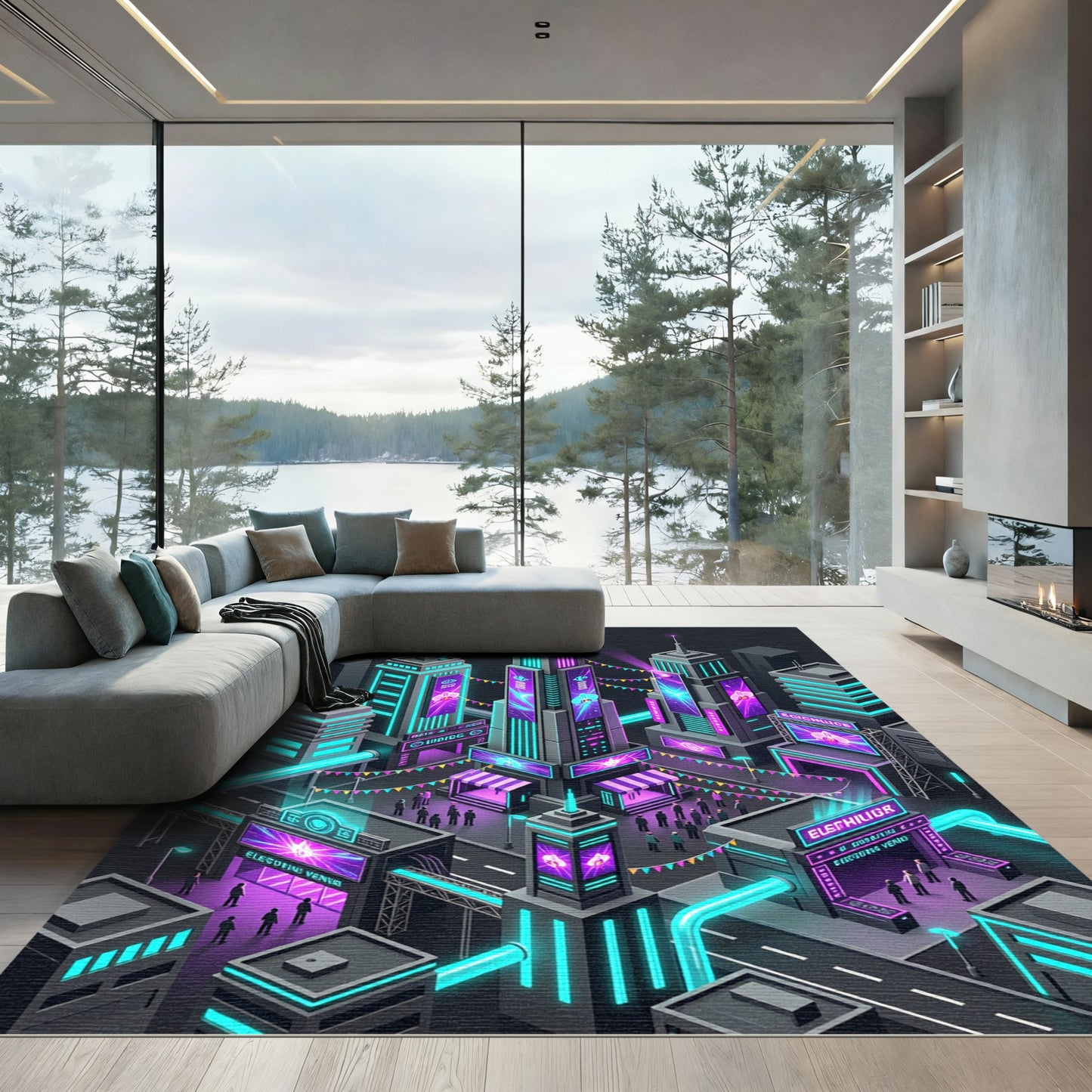 Neon Cyberpunk Orchid Cityscape Grid Rug
