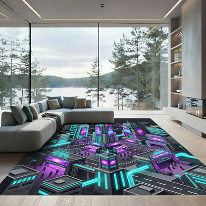 Neon Cyberpunk Orchid Cityscape Grid Rug