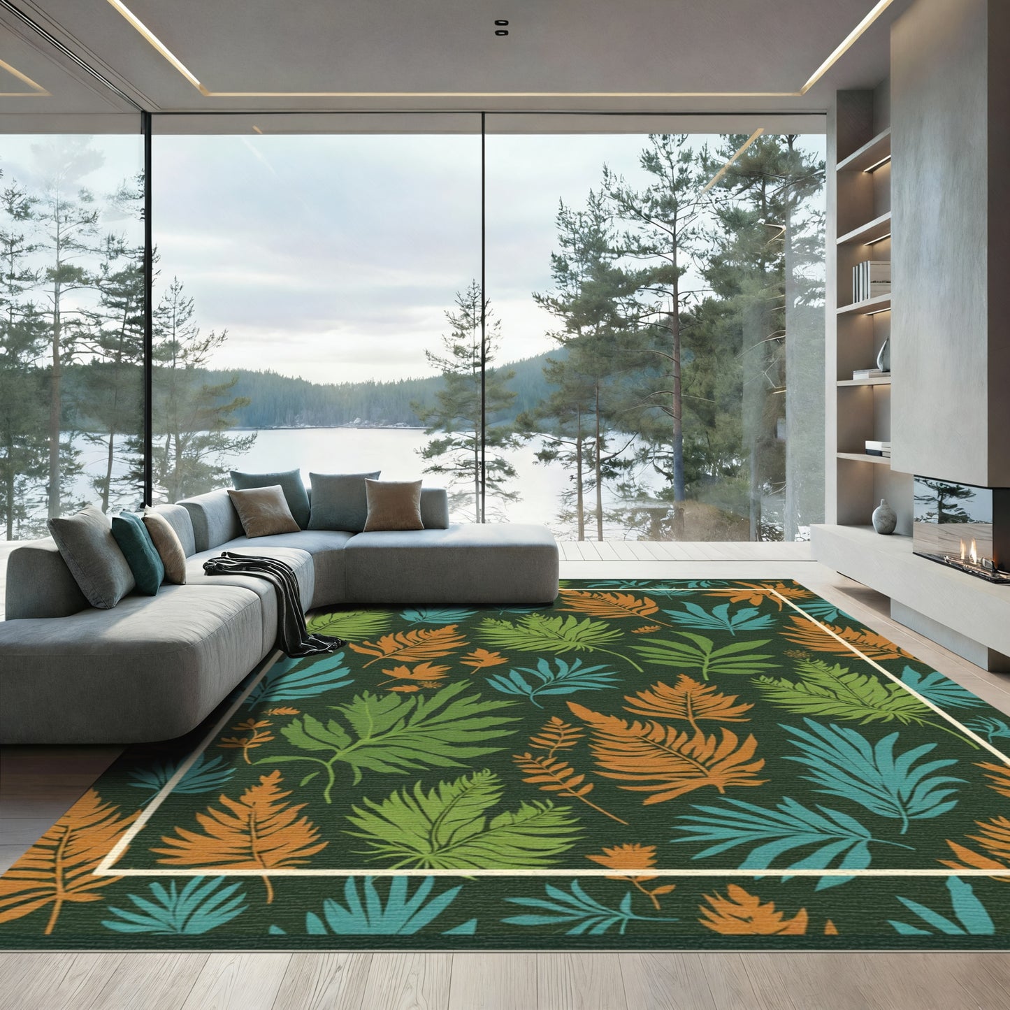 Tropical Leaf Medley Green Orange Blue Rug