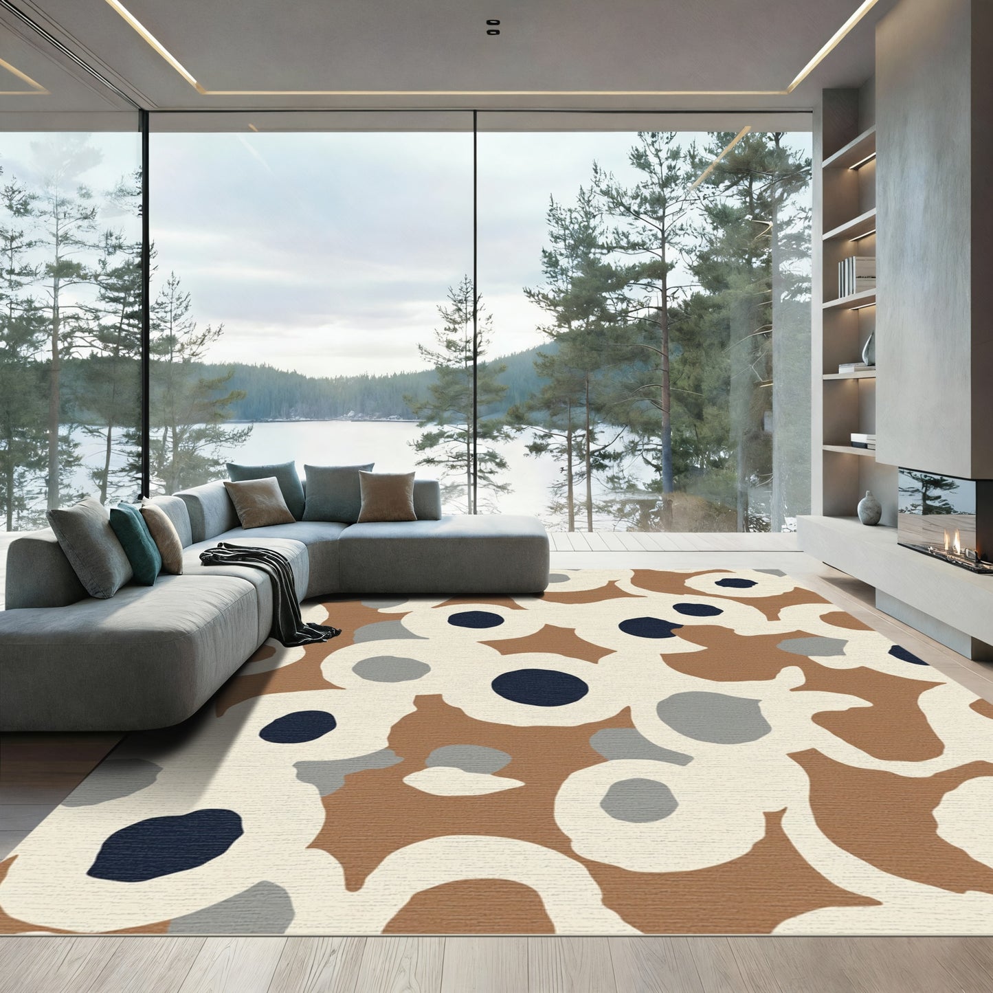 Brown Cream Navy Petal Cluster Rug