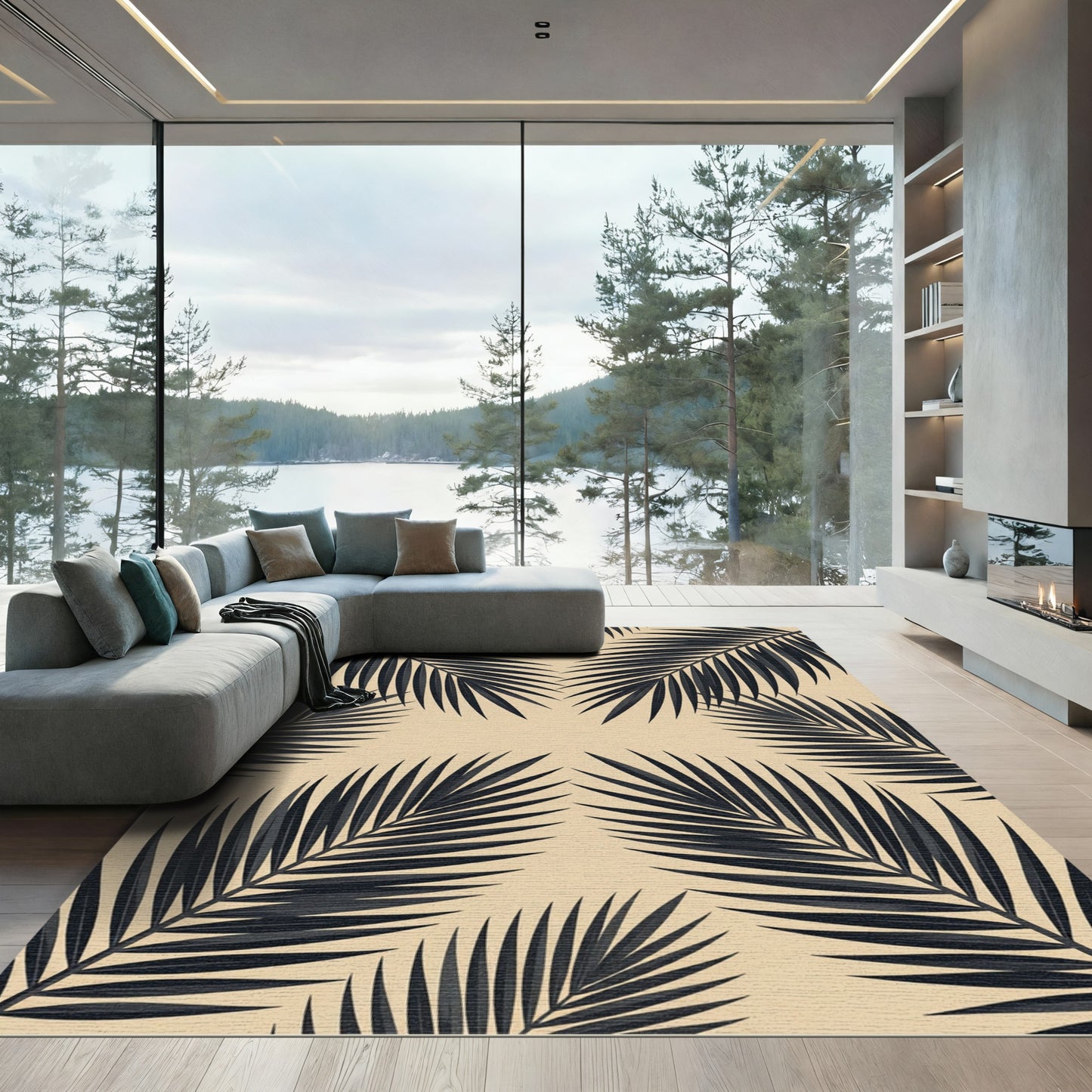 Minimalist Black Tropical Frond Beige Rug