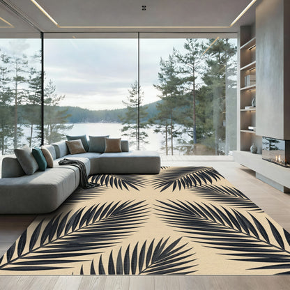 Minimalist Black Tropical Frond Beige Rug