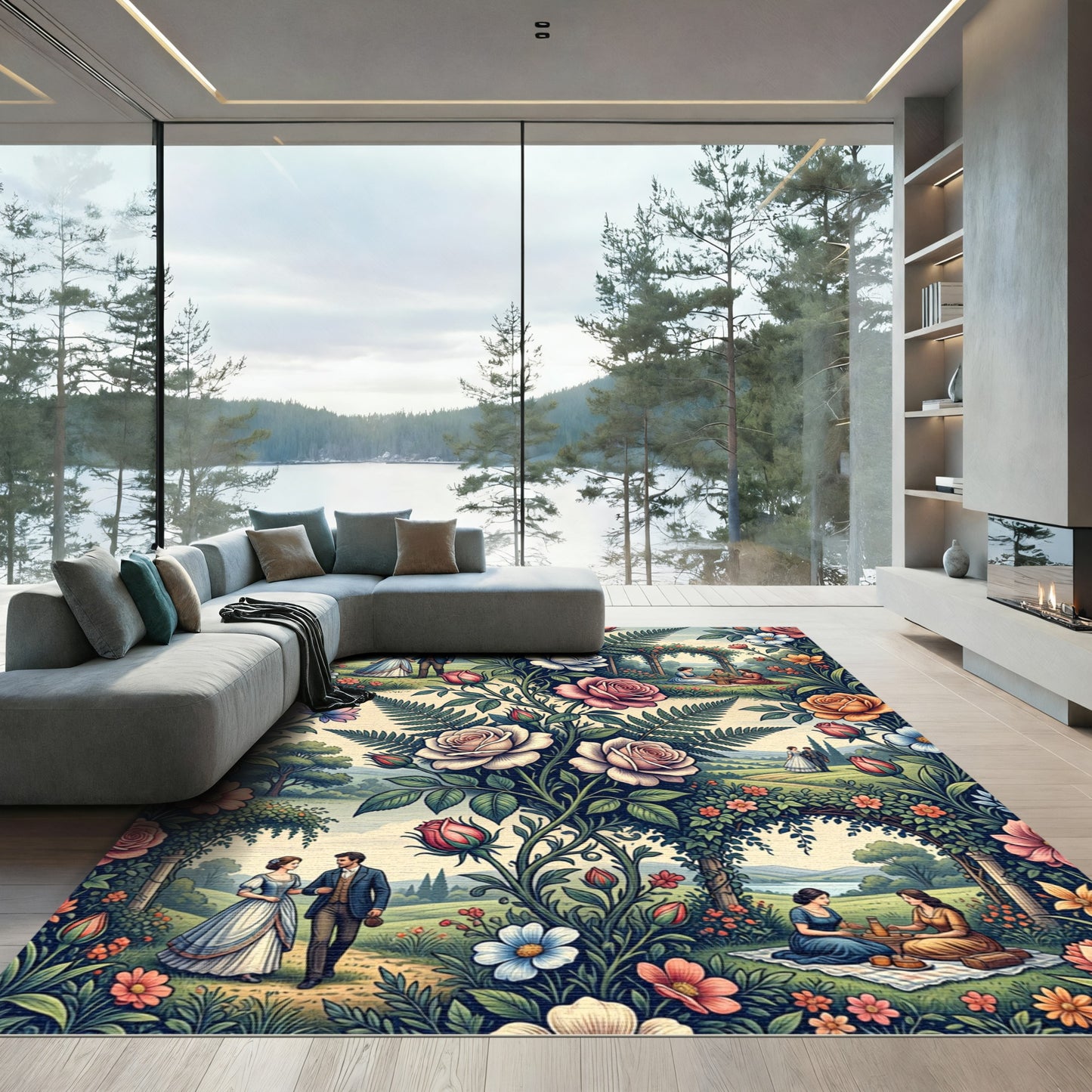 Romantic Victorian Garden Rose Tableau Rug