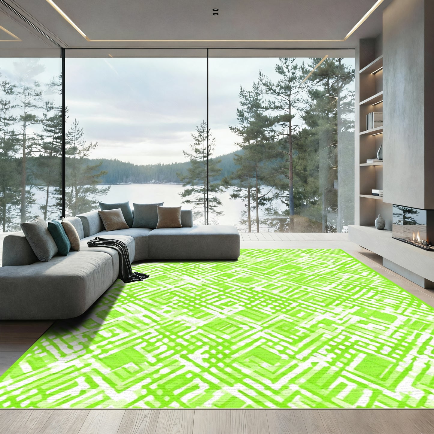 Bright Lime Green Geometric Grid Rug