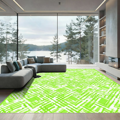 Bright Lime Green Geometric Grid Rug