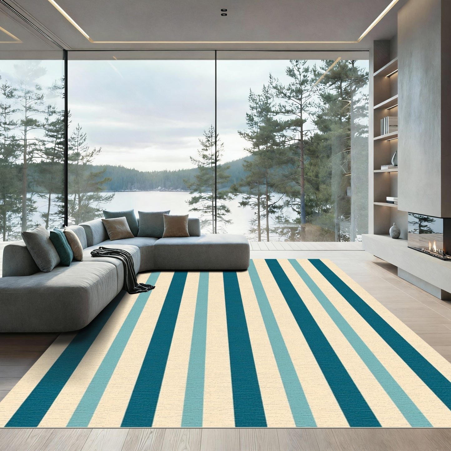 Aqua Teal Cream Stripe Rug