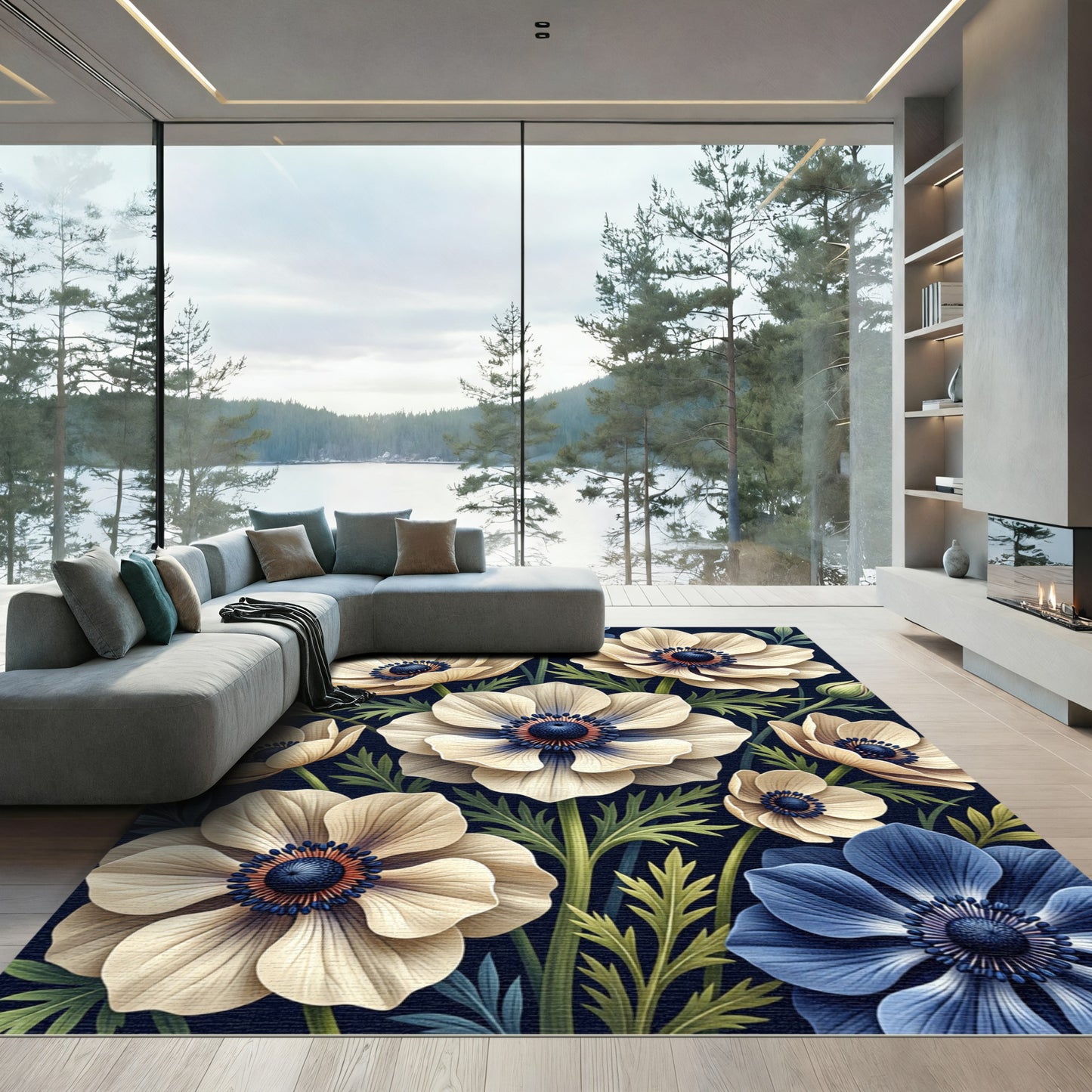 Elegant Cream Anemone Floral Navy Backdrop Rug