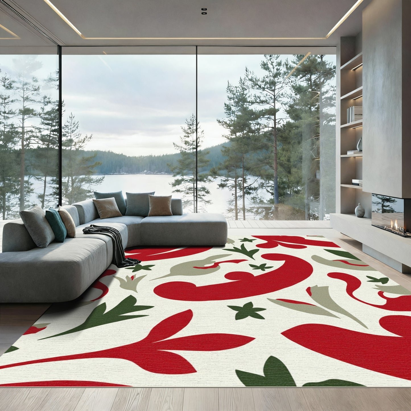 Crimson Olive Branch Floral Motif Rug