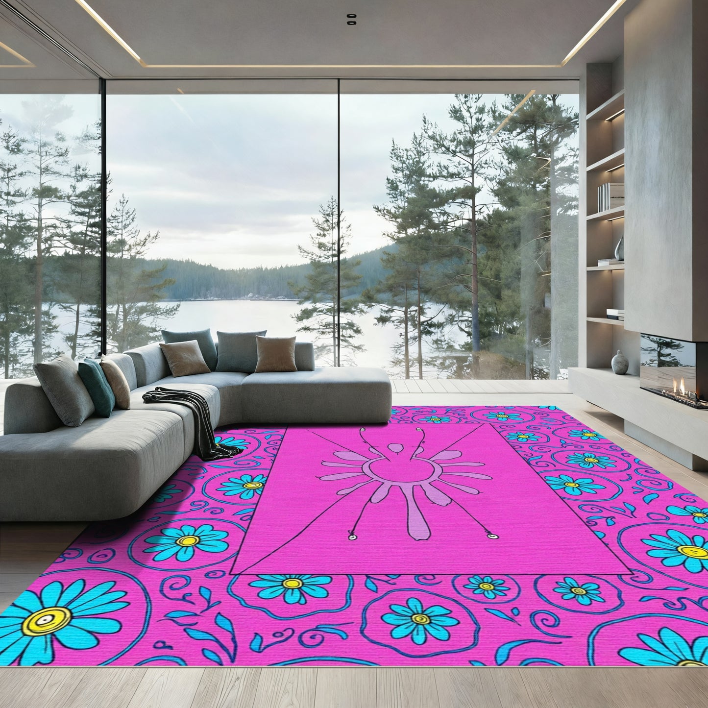 Vivid Pink Blue Daisy Medallion Rug