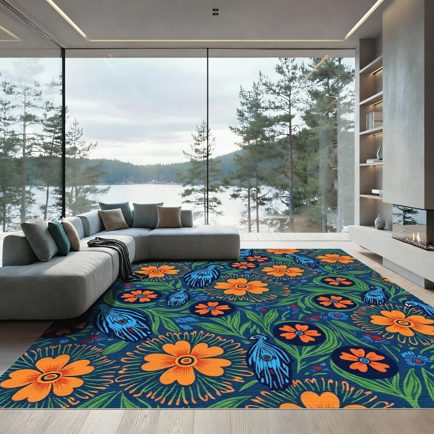 Vibrant Blue Birds Orange Floral Garden Rug