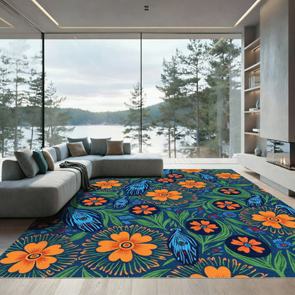 Vibrant Blue Birds Orange Floral Garden Rug
