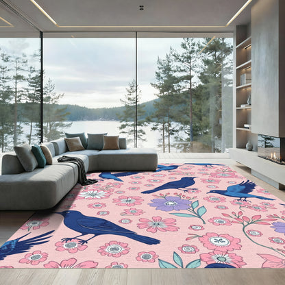 Whimsical Blue Birds Pink Floral Garden Rug