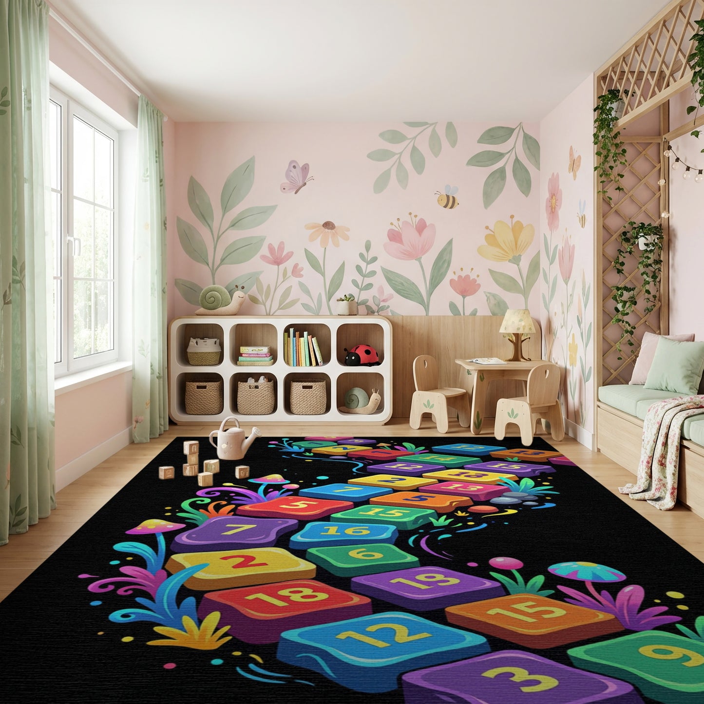 Vibrant Wavy Numbered Mushroom Path Rug