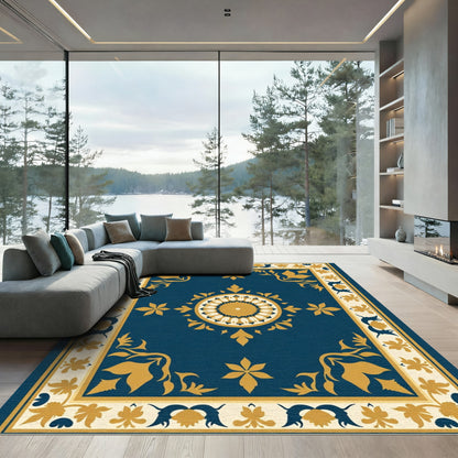 Golden Blue Floral Medallion Frame Rug