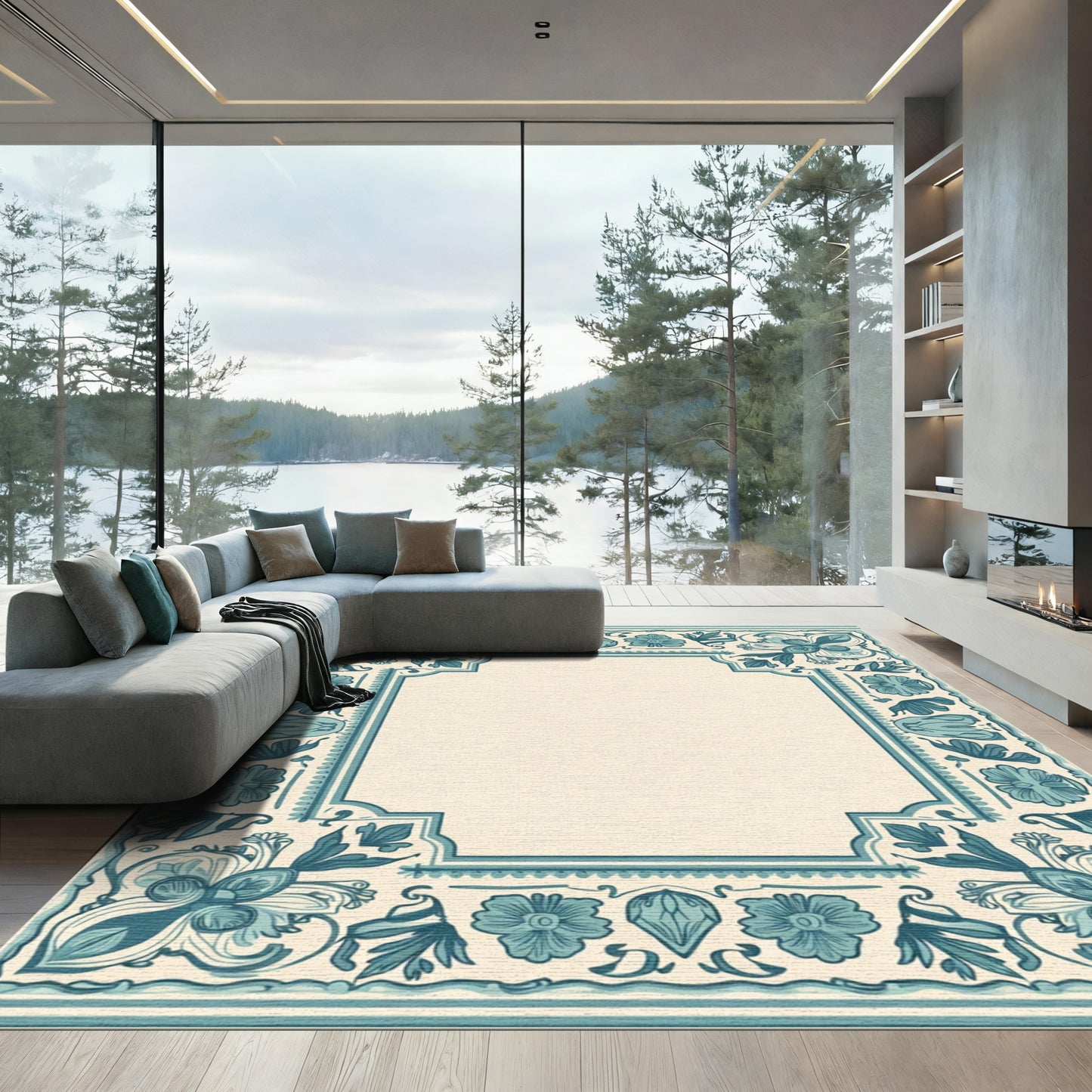 Coastal Teal Floral Medallion Border Rug