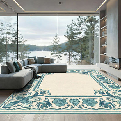 Coastal Teal Floral Medallion Border Rug
