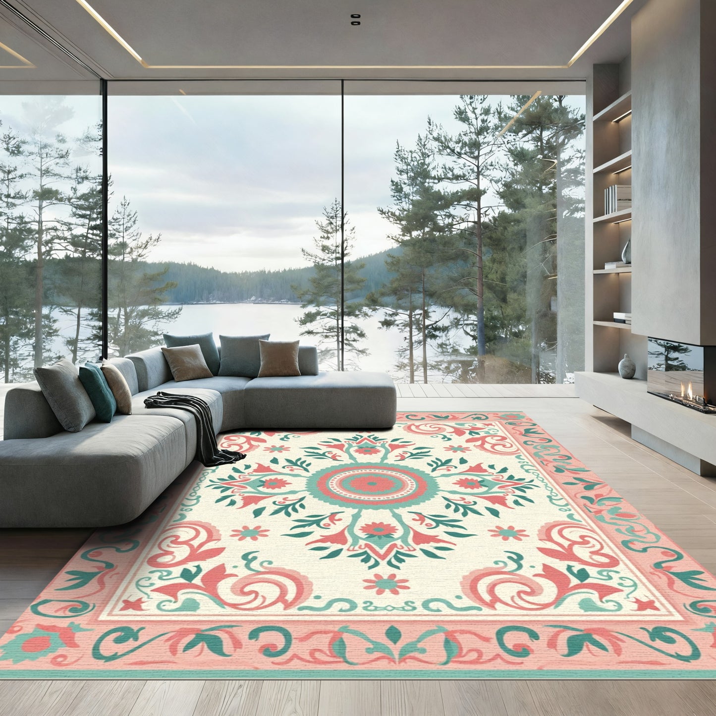 Coral Mint Medallion Floral Border Rug