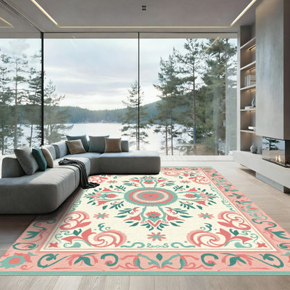 Coral Mint Medallion Floral Border Rug