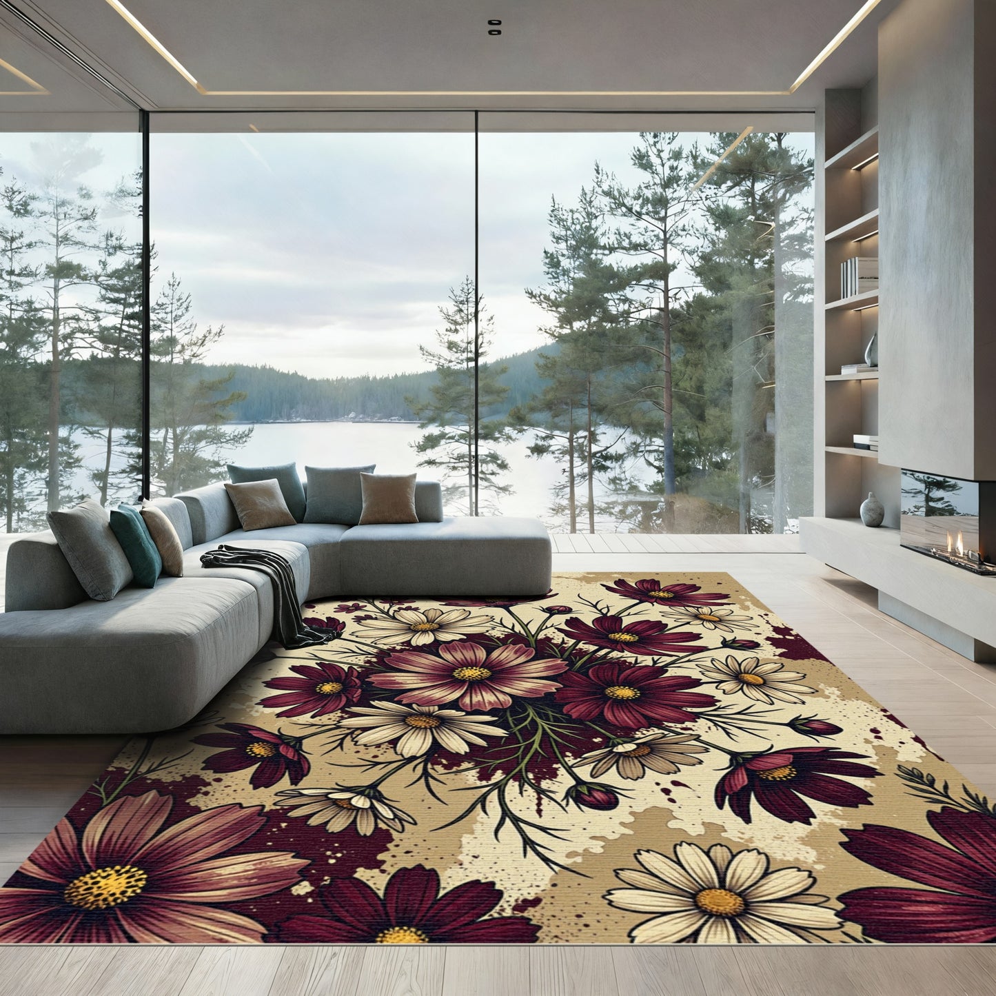 Maroon White Floral Bouquet Background Rug