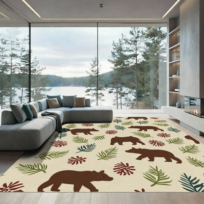 Woodland Bear Fern Forest Scene Rug